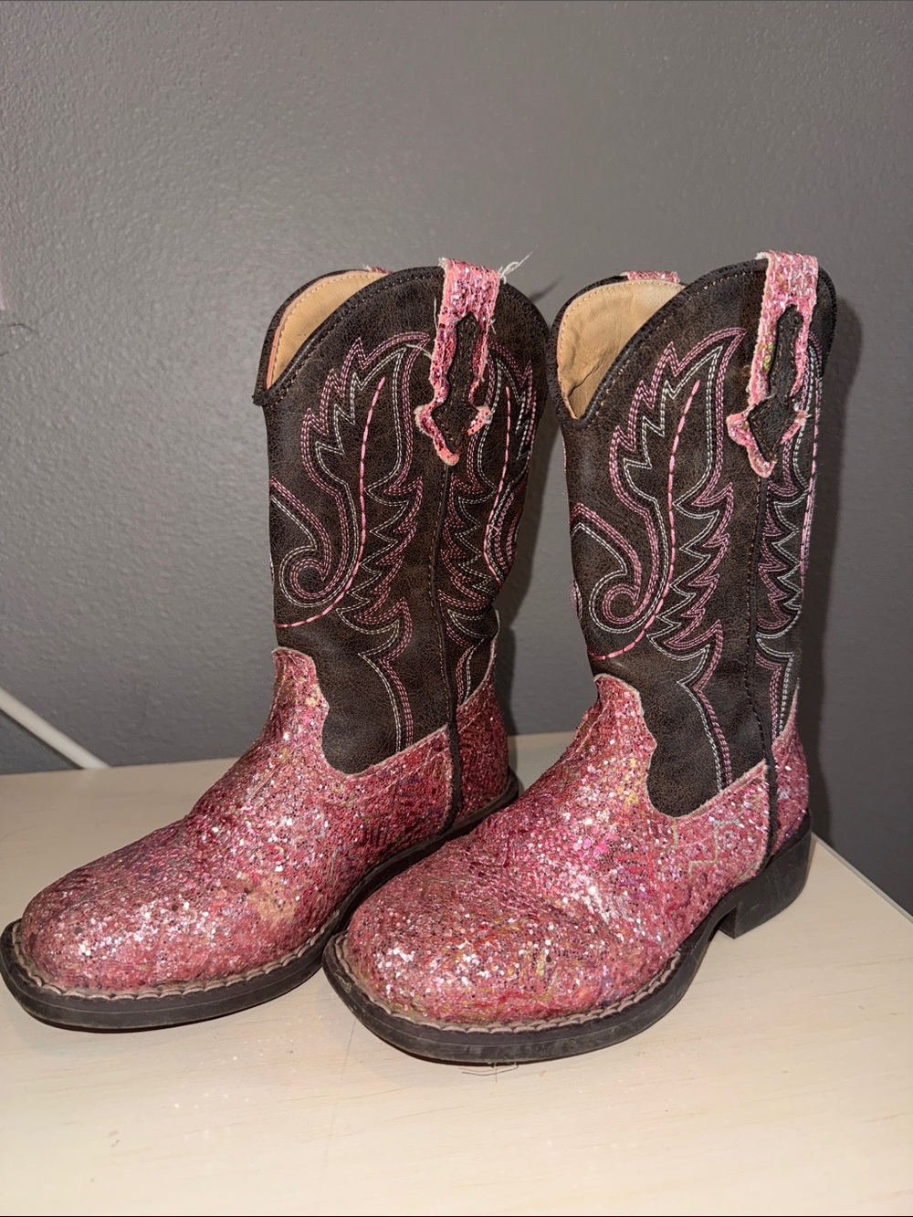 Roper Girls Pink Glitter Western Boots with Brown Embroidered Shaft